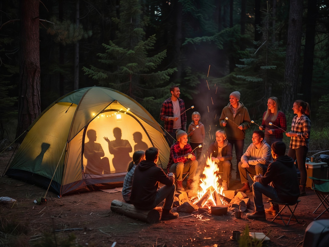 Large family tent illuminated from within near a campfire