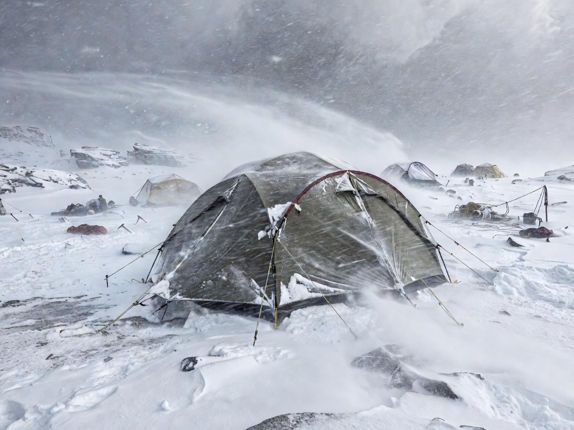 Sturdy expedition tent withstanding heavy wind and snow at high altitude