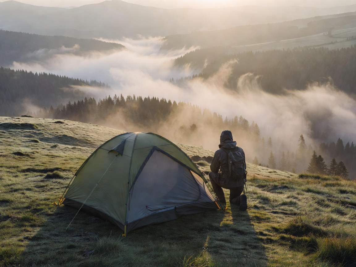 Small backpacking tent overlooking a misty valley at dawn