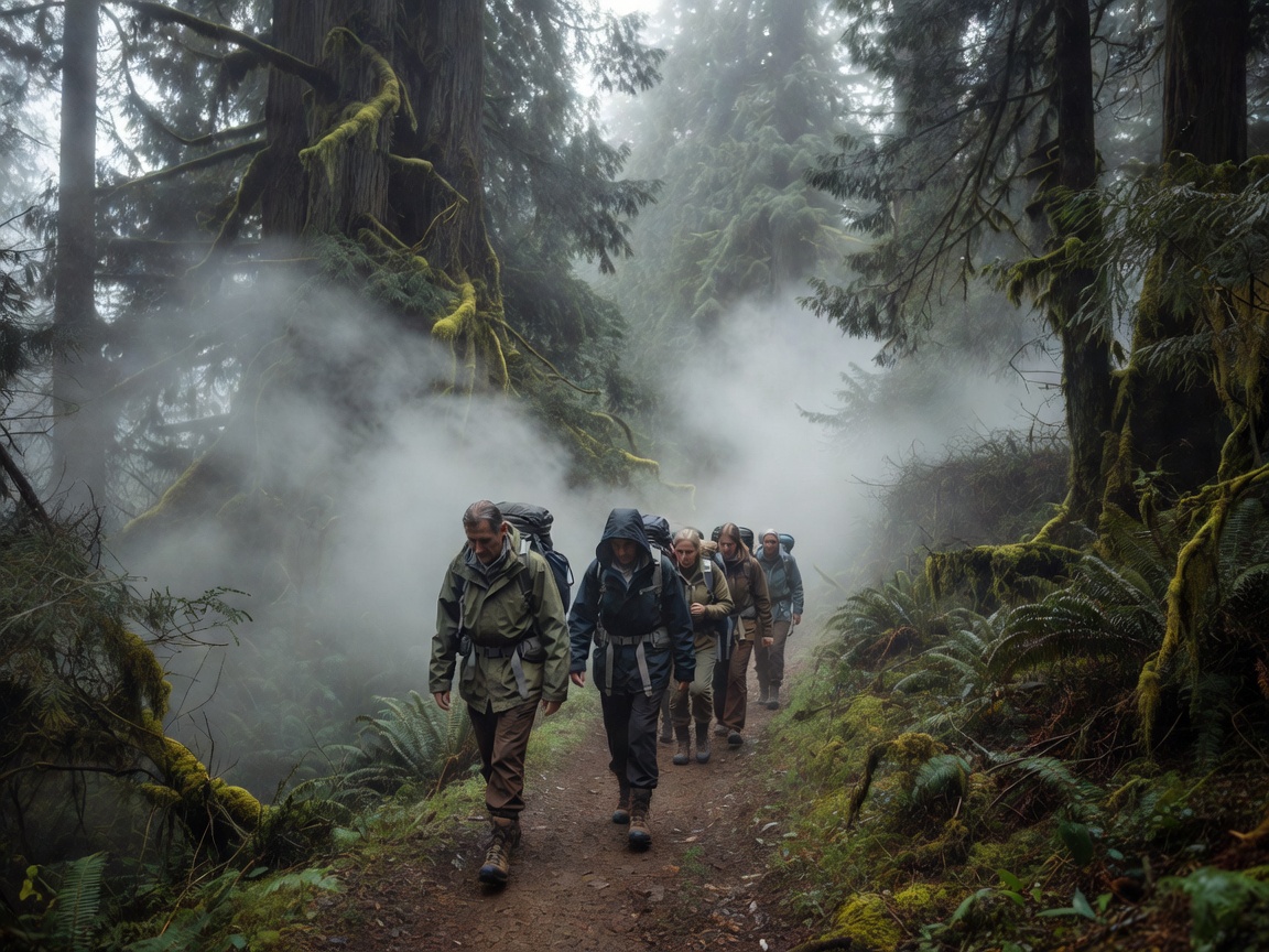 A group of hikers walking through dense foggy woods