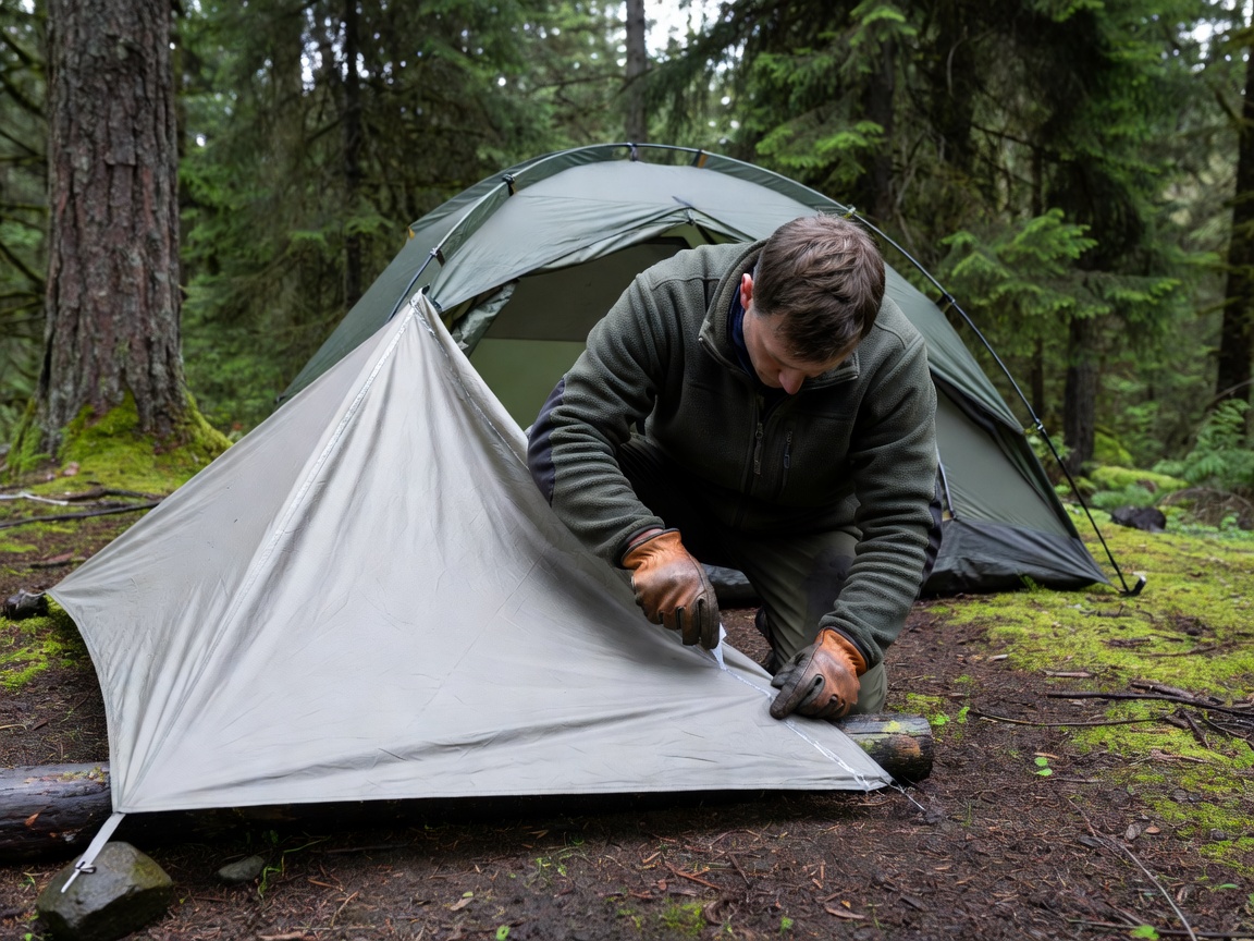 Person carefully applying seam sealer to a tent fly outdoors
